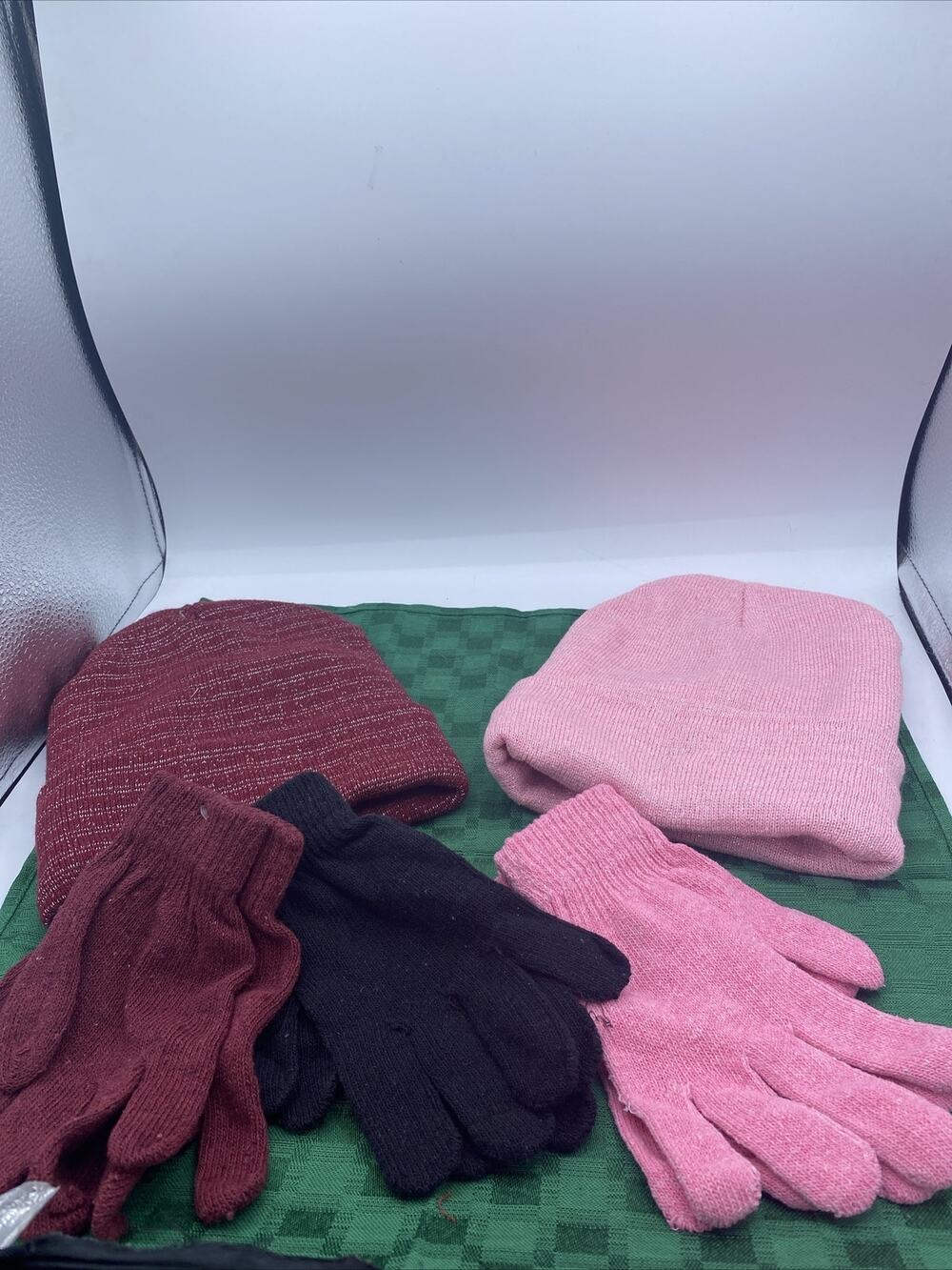 Lot of 2 Beanie Hats Cap Adult One Size Fits All +Three Pair Of Gloves To Match